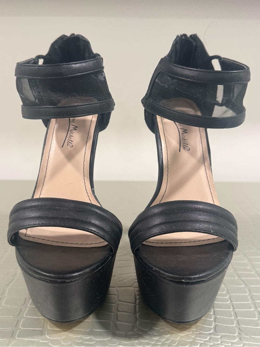Anne Michelle Black Platform Mesh Ankle-Strap Herls